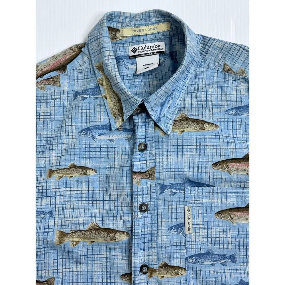Columbia River Lodge Trout Fish Print Cotton Fishing Shirt Men’s L